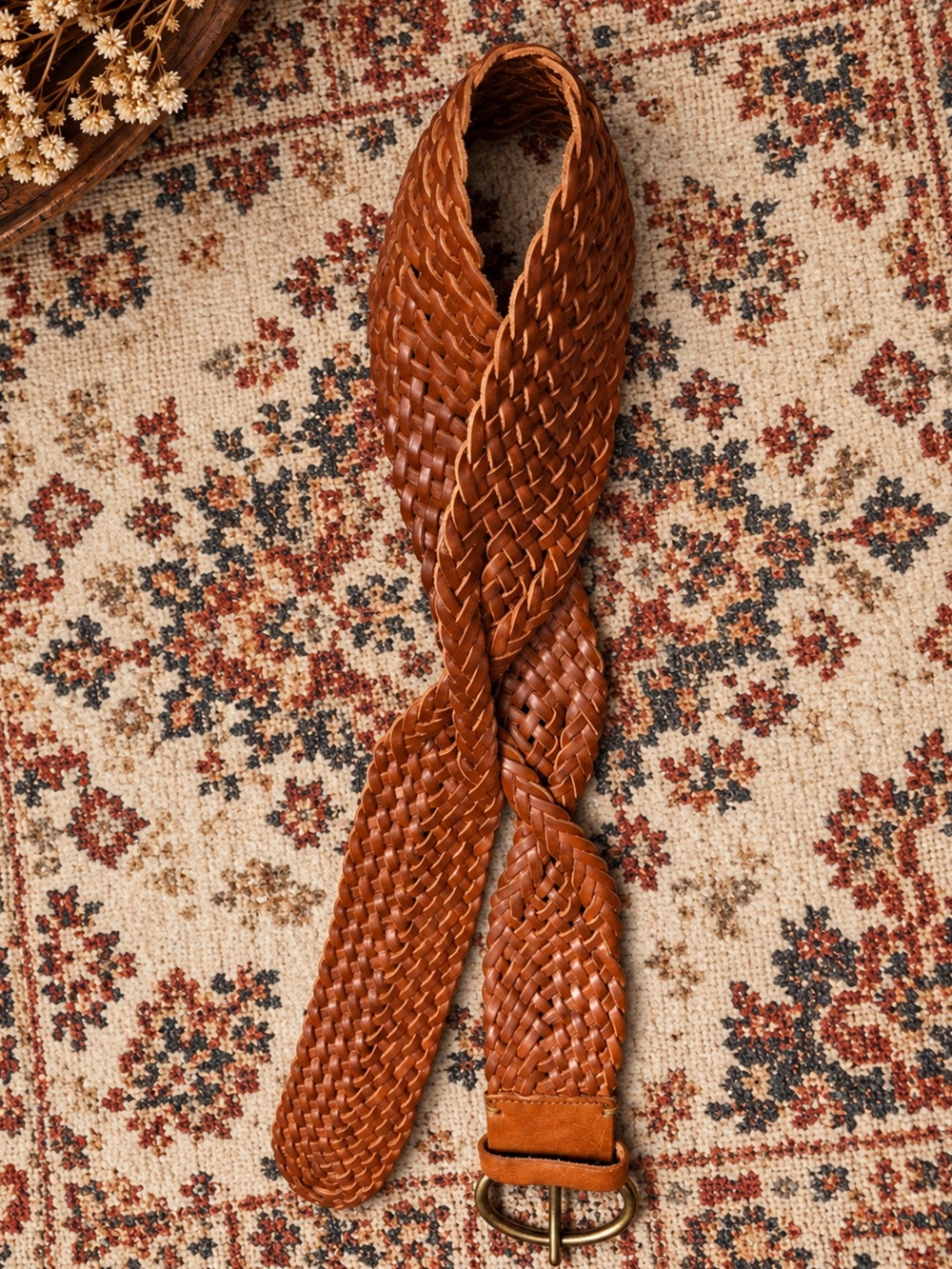 Vintage GAP Brown Woven Leather Statement Belt Boho Braided Brown